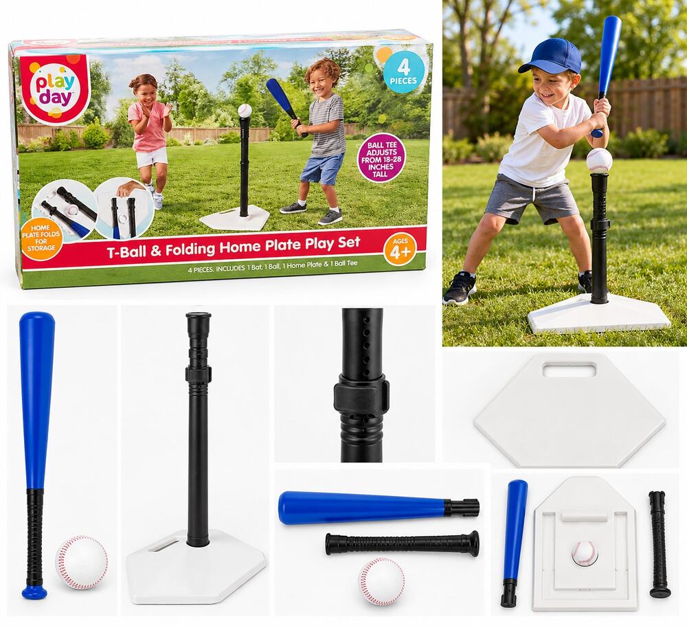 Play Day T-Ball & Folding Home Plate Play Set – 4 Piece Kids Baseball Set